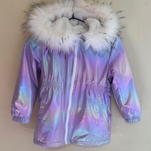 Iridescent Kids Jacket with Faux Fur Hood
